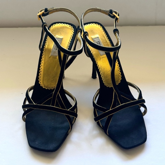 Prada Sling Back Holiday Heels Black Suede with Gold Leather accent Size 38 - Picture 1 of 8